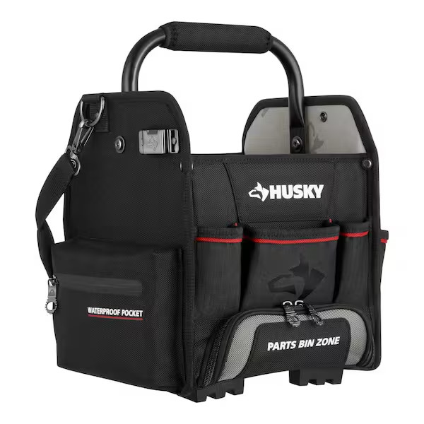 Husky Tool Tote Bag 10in Heavy Duty Tool Organizer Parts Bin Shoulder Strap