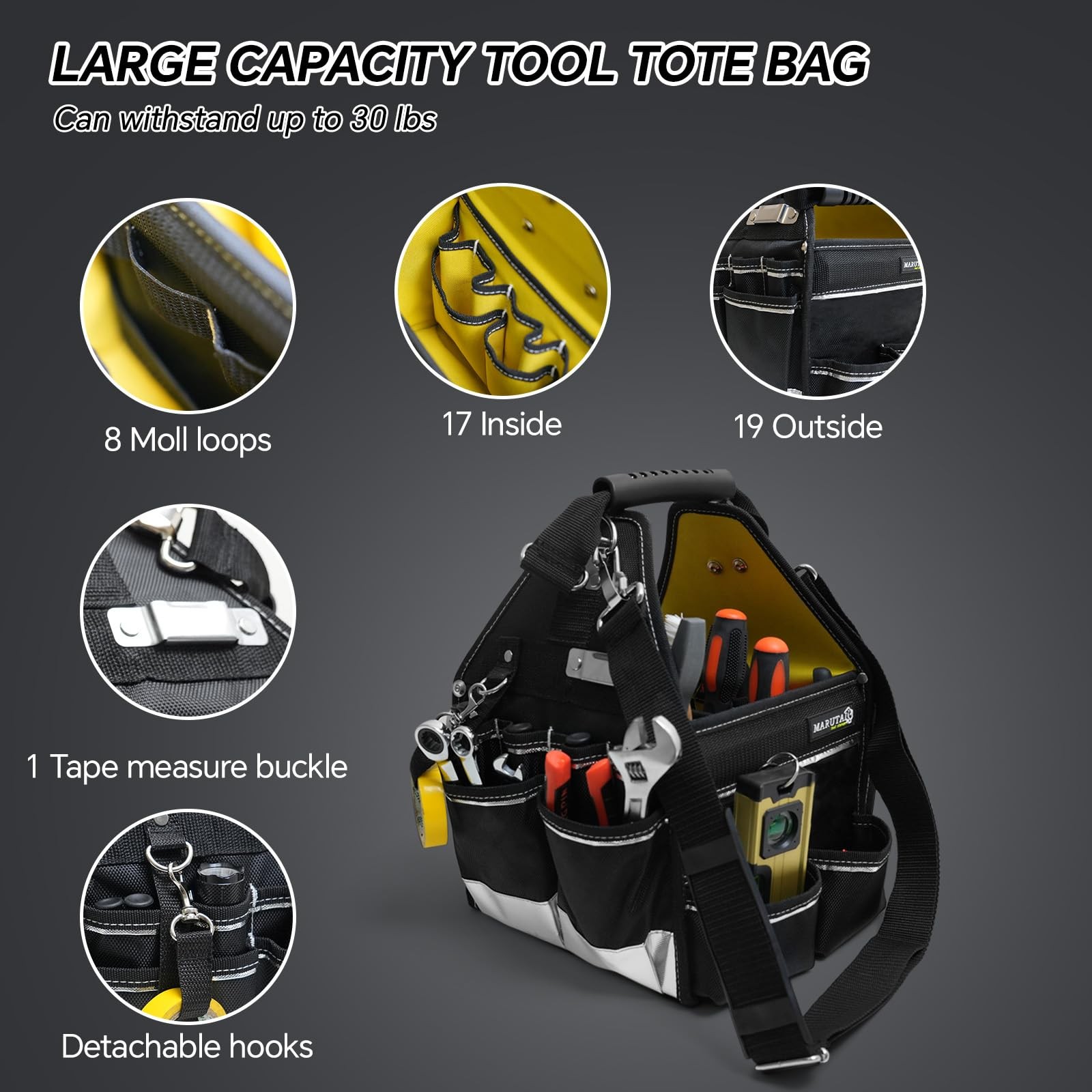 MARUTAI 10” Small Tool Tote Bag, 43 Pockets Open Tool Bag, Tool Tote with Ad…