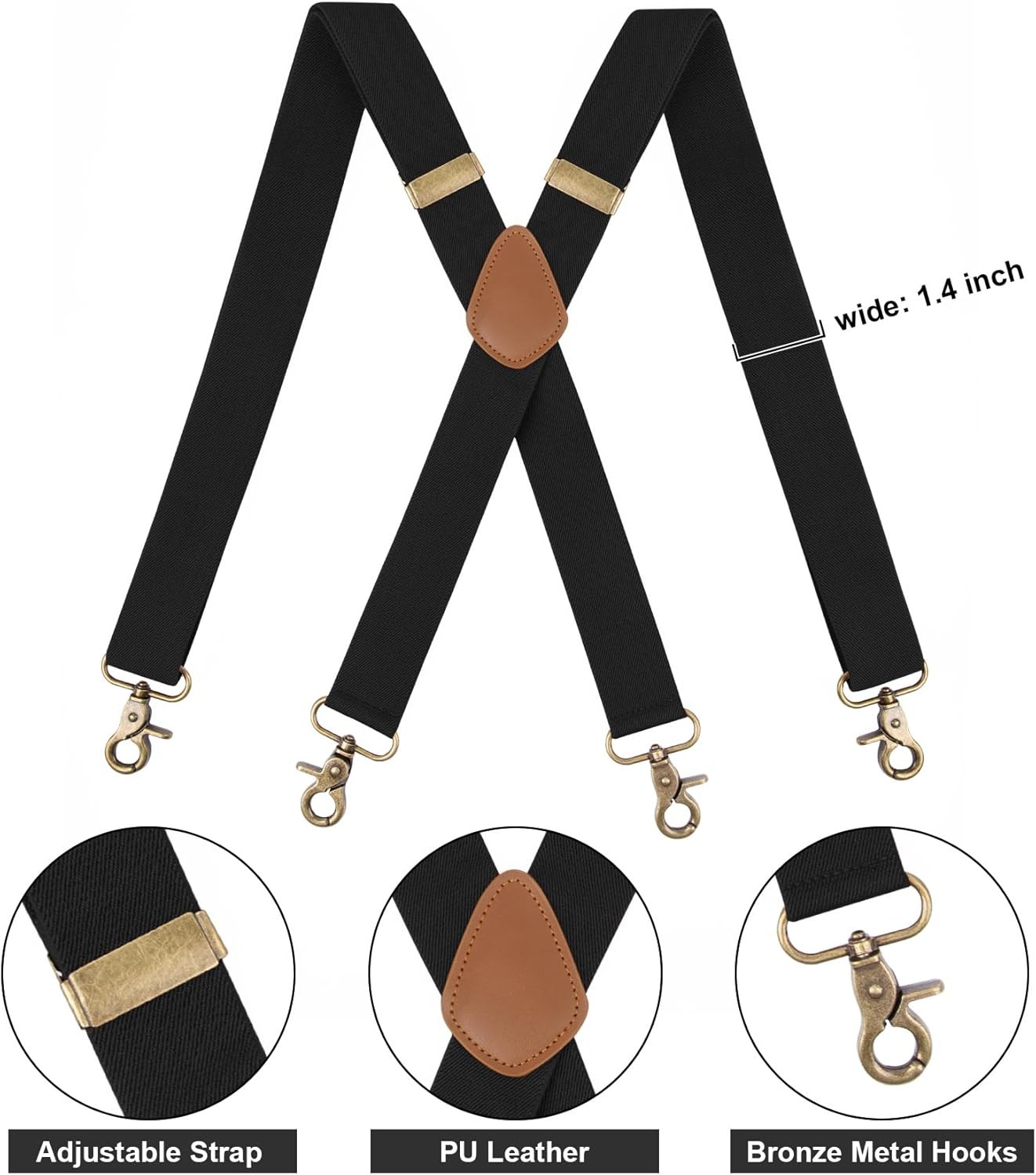 Fasker Suspenders for Men Heavy Duty 4 Snap Hooks Adjustable Elastic Black