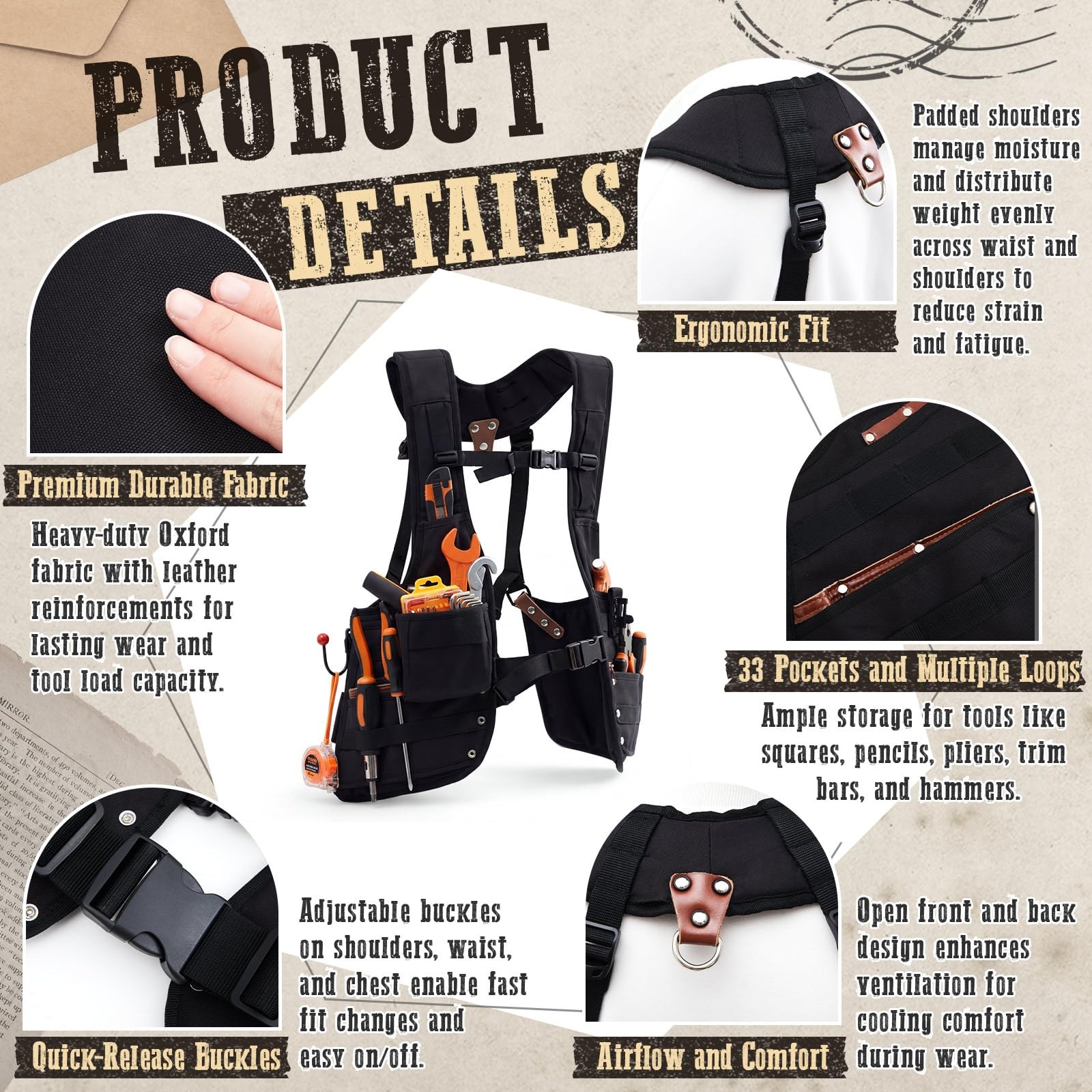 Tool Vest 33 Pockets Leather Removable Nail Pouch Drill Holster Heavy Duty