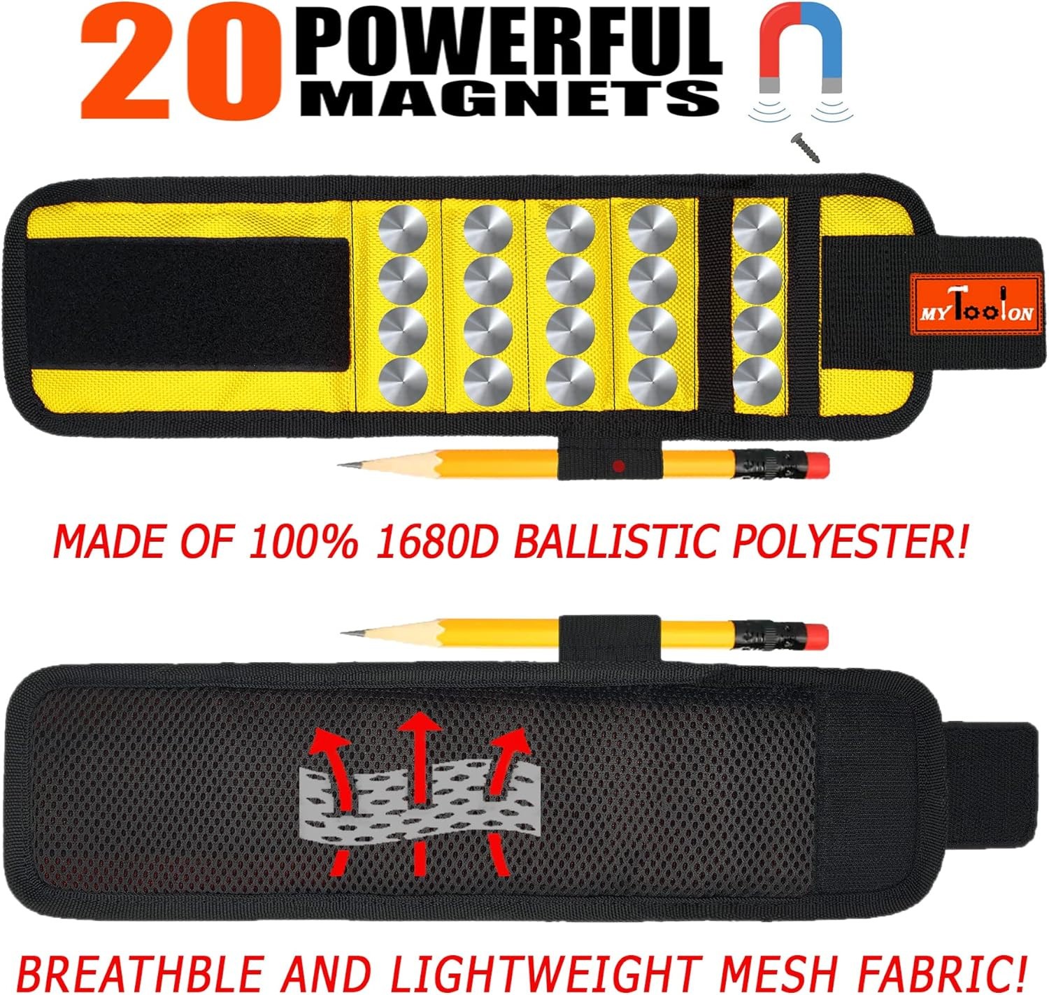 MyToolOn Magnetic Wristband with 20 Strong Magnets for Holding hardware & tools