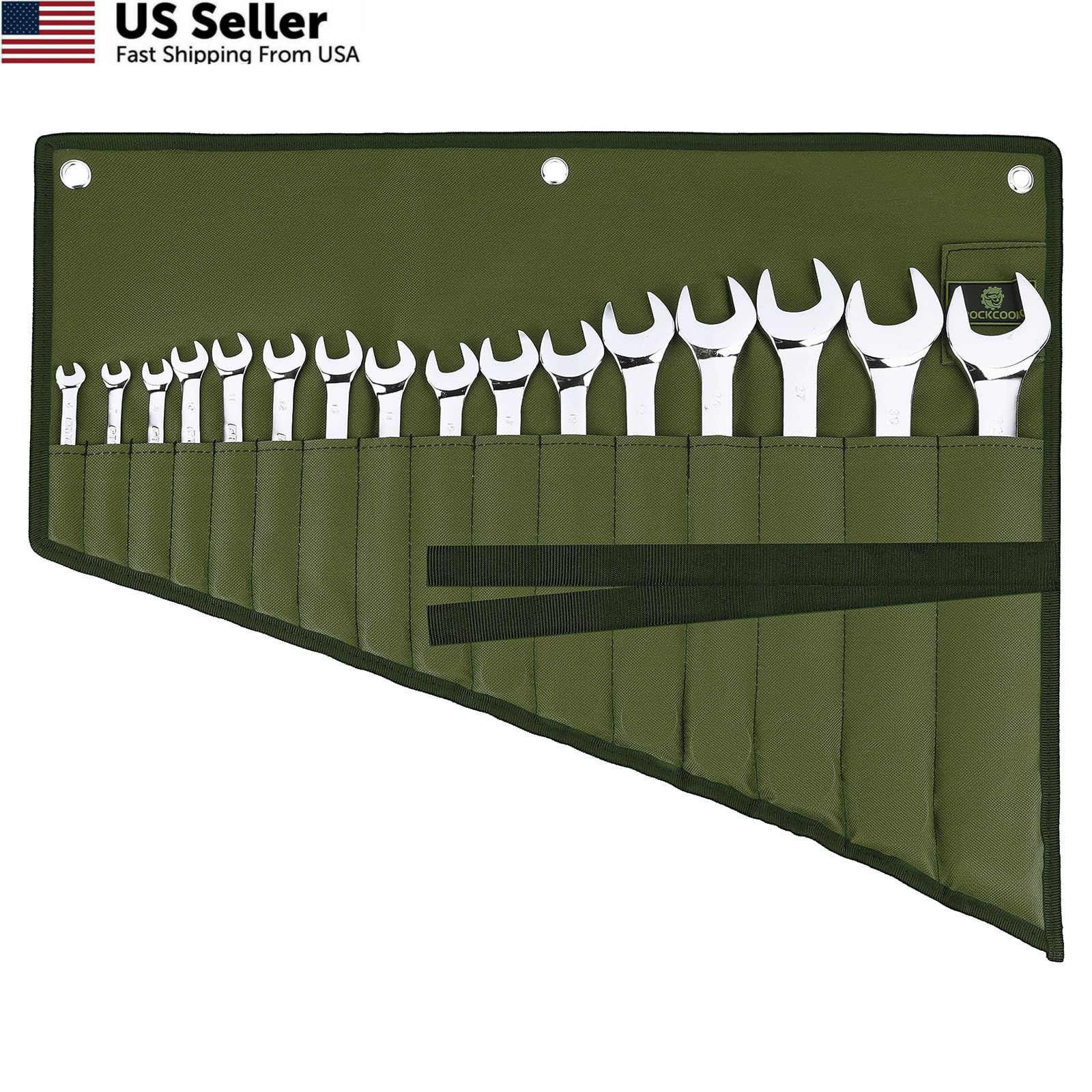ROCKCOON Wrench Roll Organizer 16 Pockets, Pouch Up with Green