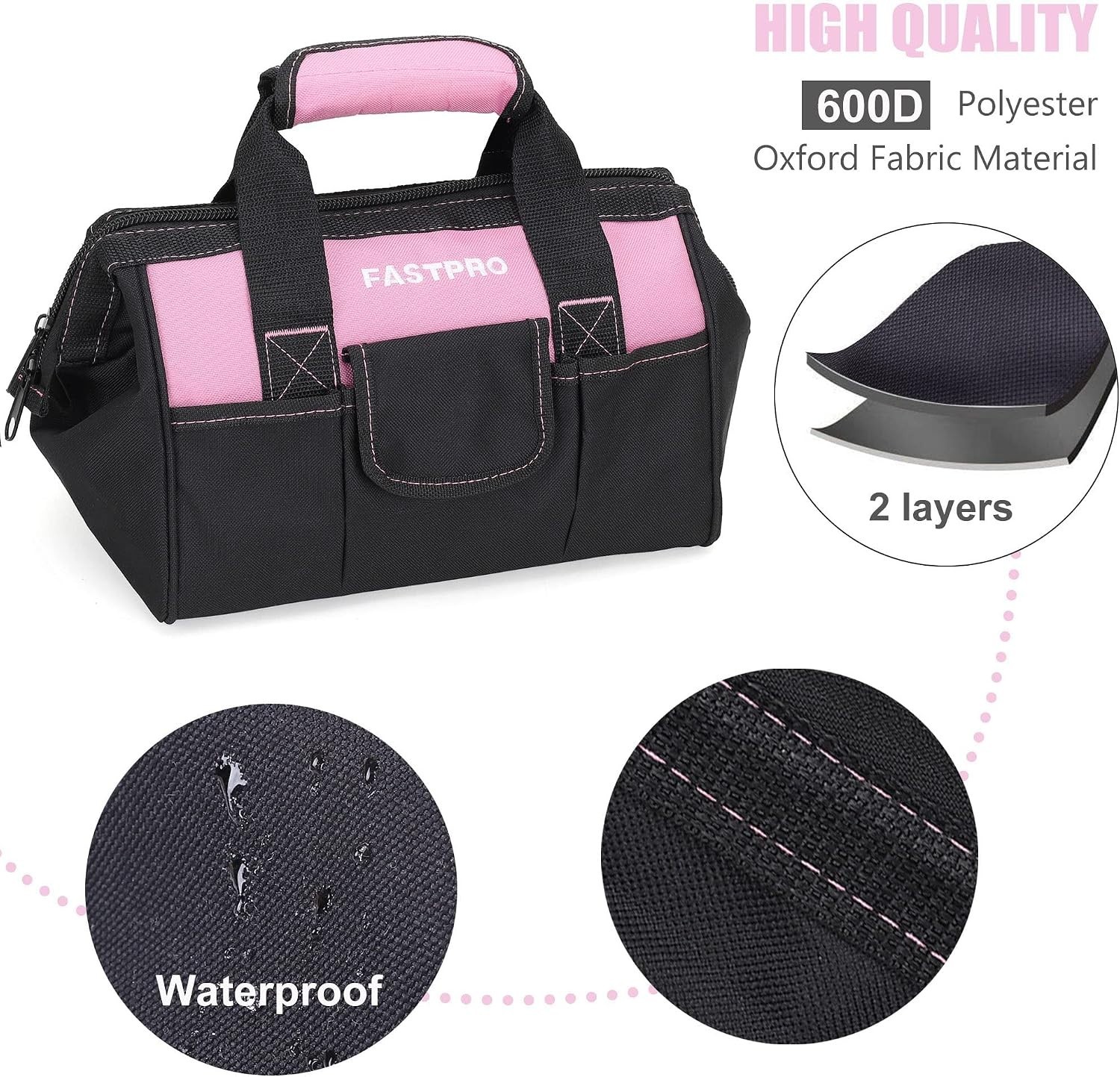 12-Inch Pink Tool Bag,Zip-top Wide Mouth Open Storage, 600D Polyester Fabric …