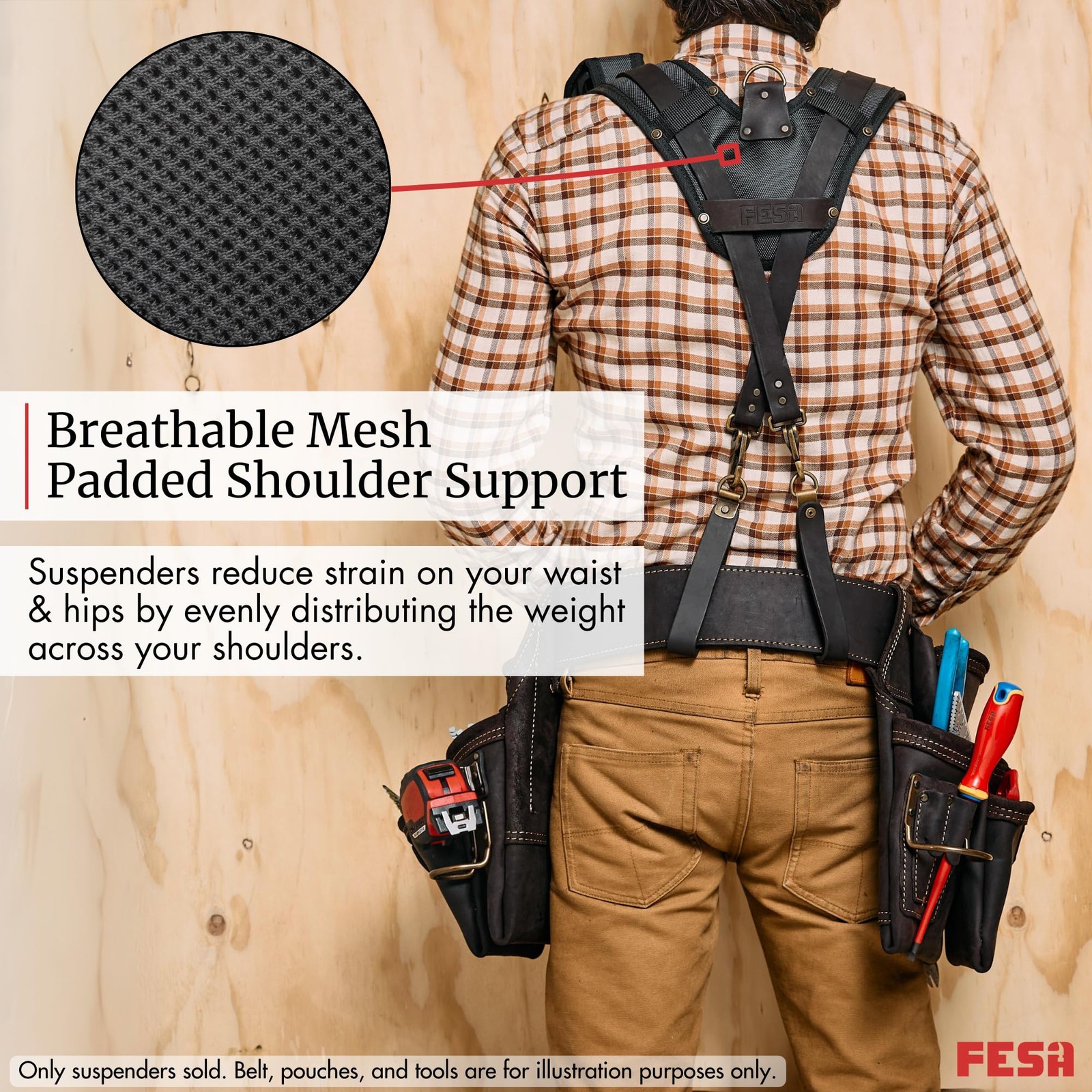 Leather Tool Belt Suspenders for Men with Breathable Mesh Padding, Front Pock…