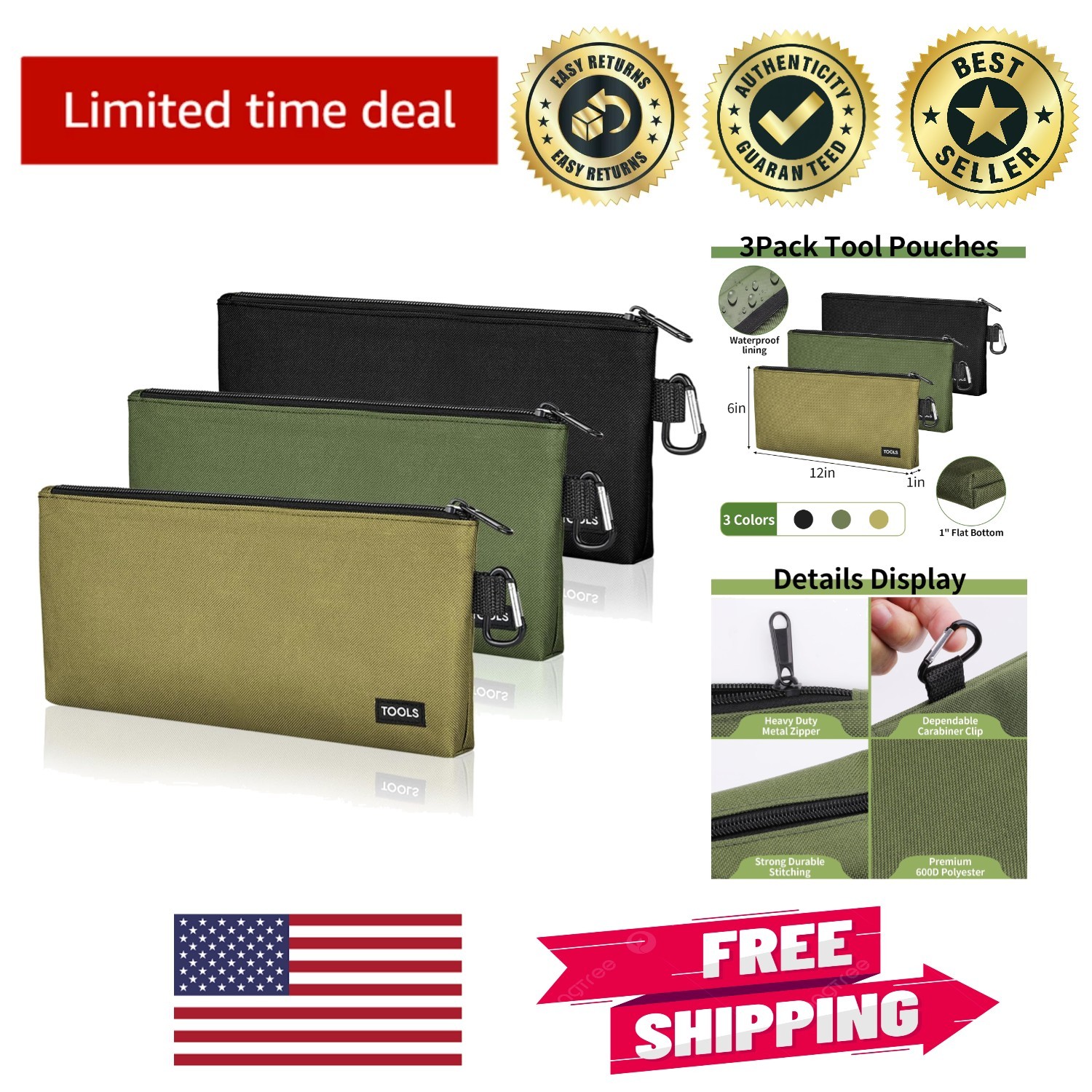 3 Pack Durable Tool Pouches with Zipper & Carabiner – Waterproof Storage Bags