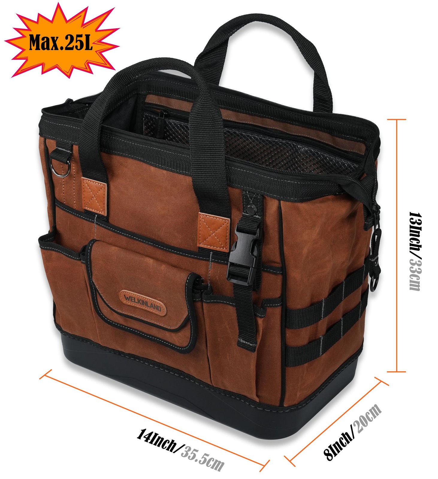 22-Pockets Hard Bottom Tool Bag, 14-Inch 14 Inches, Rust & Black