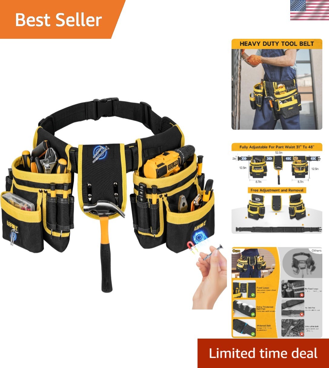 Heavy Duty 27-Pocket Tool Belt with Magnetic Pouch – Adjustable for Comfort