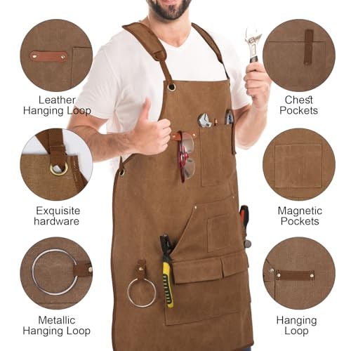 Men’s Canvas Tool Apron, Heavy Duty Multi-Pocket Work Apron for Khaki