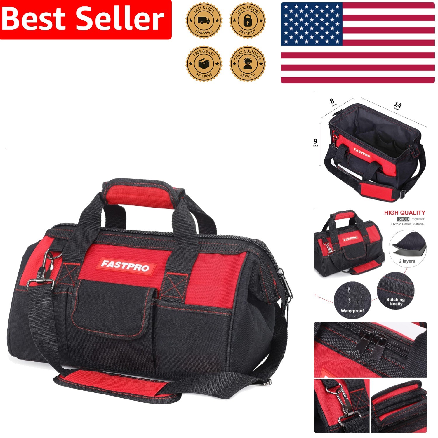 Utility Bag Zip Top Wide Open Access Robust Rubber Base Shoulder Carry
