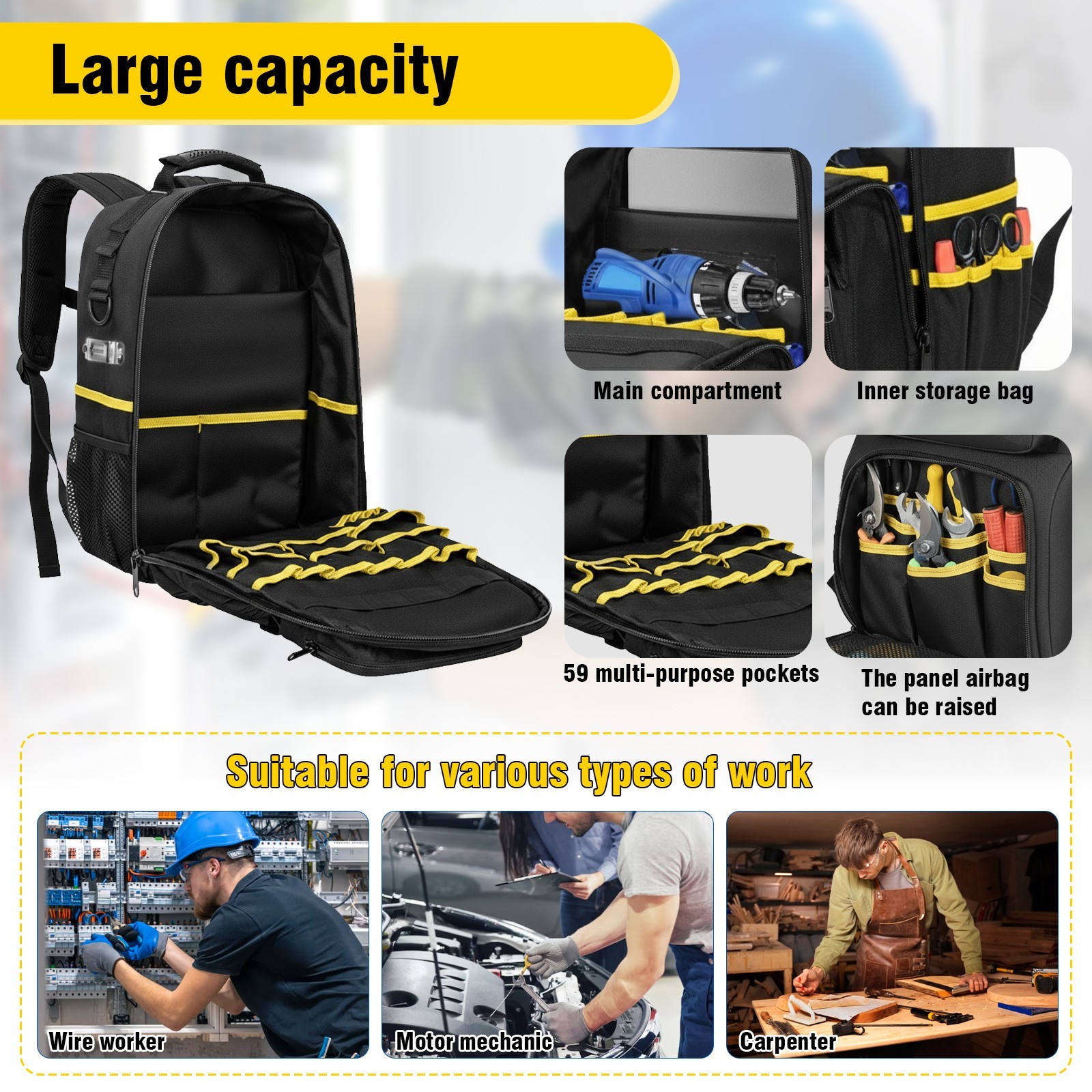 Heavy Duty Tool Backpack for Men Electrician HVAC Construction Bag w/ 59 Pockets