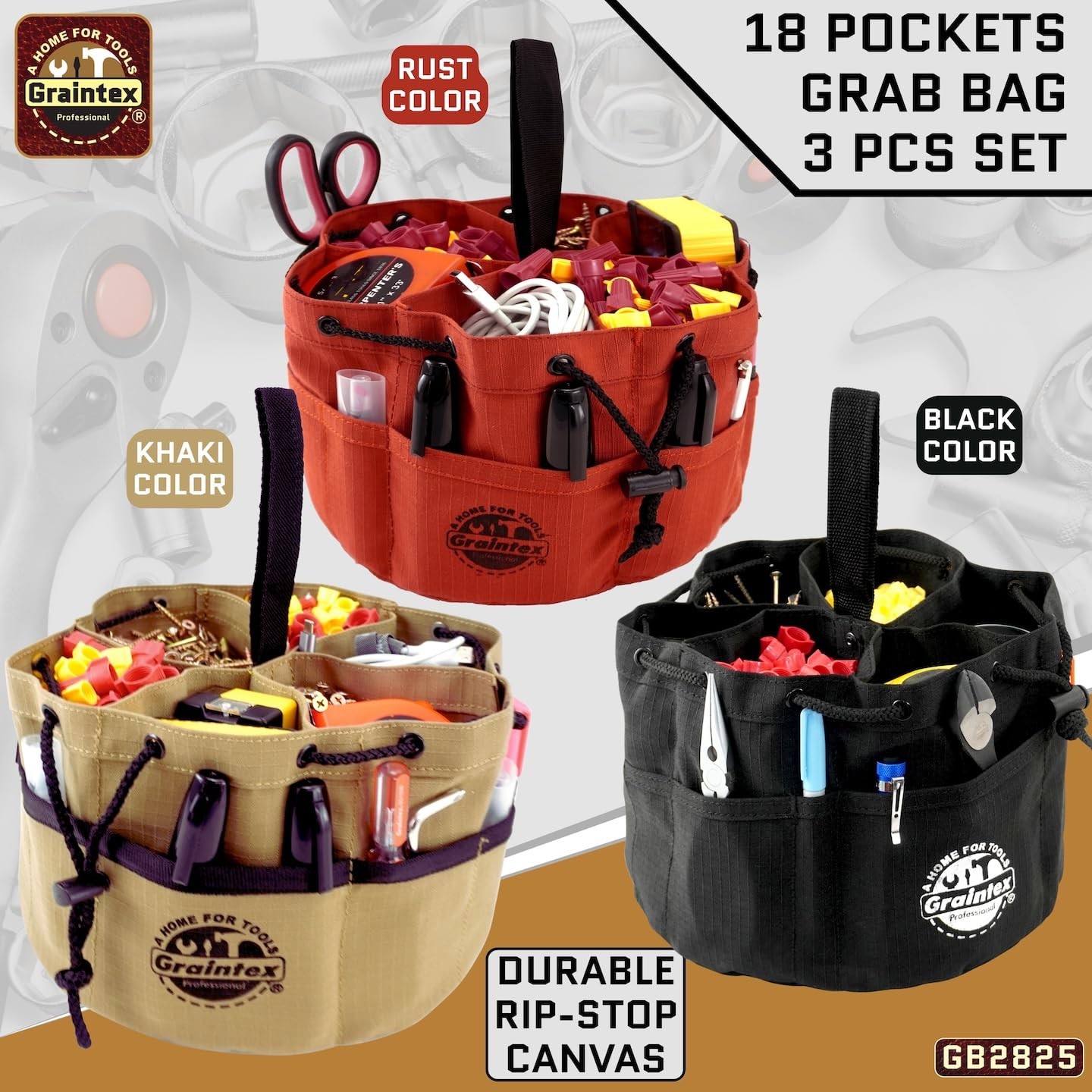 18 Pocket Grab Bags Set of 3 Pcs Rip-Stop Canvas, Drawstring Closure, Small P…