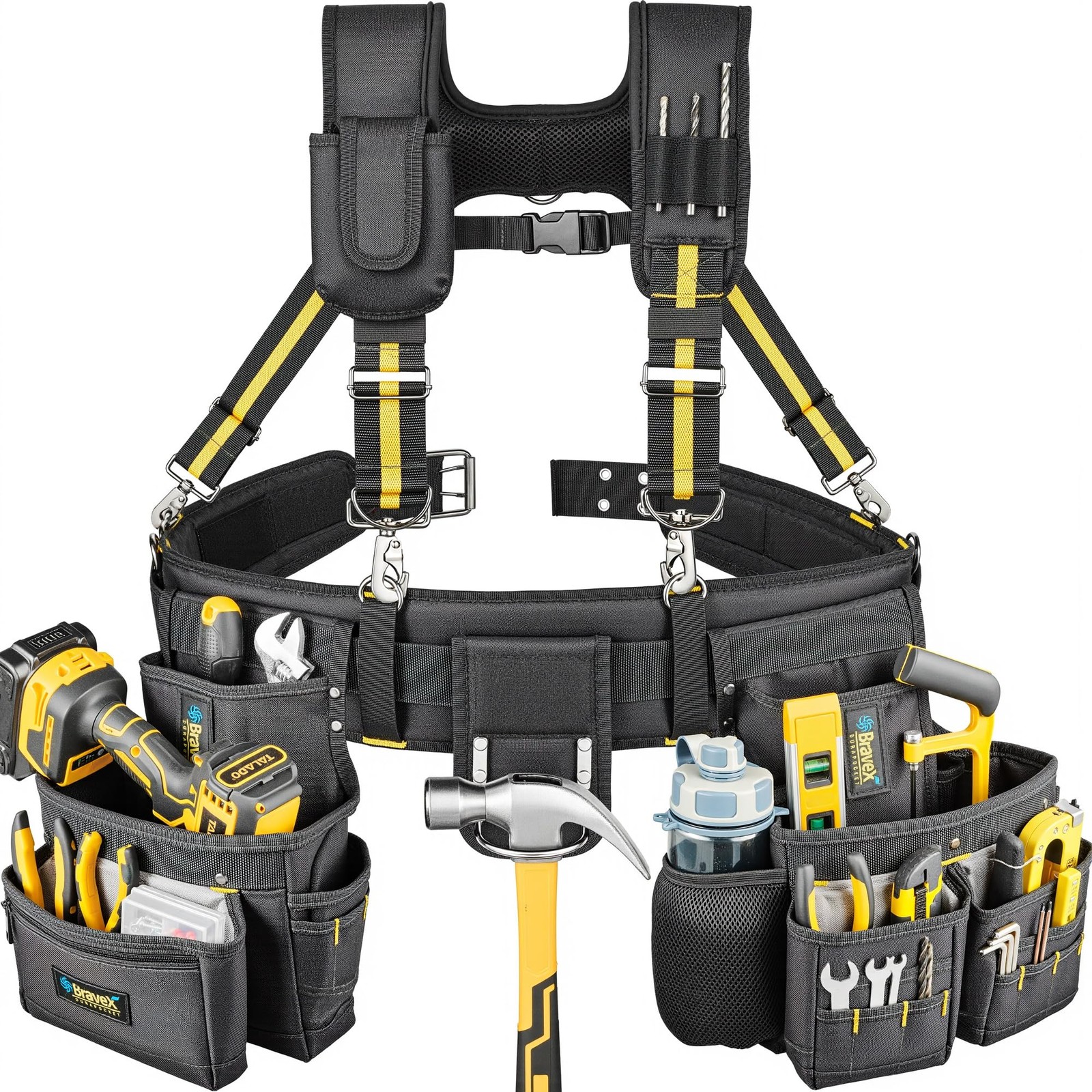 Bravex Tool Belt Suspenders, Tool Vest Pro Ultra 20 Bags Y-Style Toolbelt 5 Comb