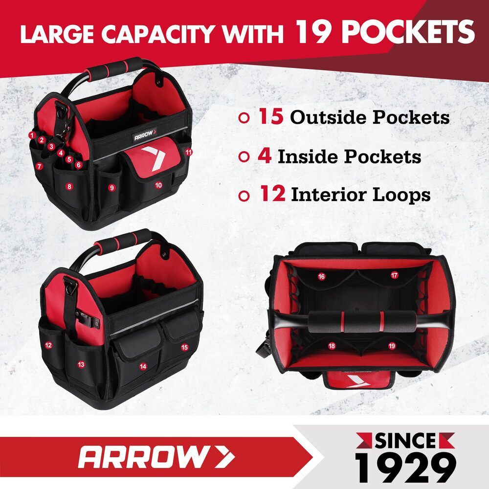 ARROW 12″ Tool Tote w/19 Pocket Hard Base Electrician Tool Bag Open Top Tool Bag