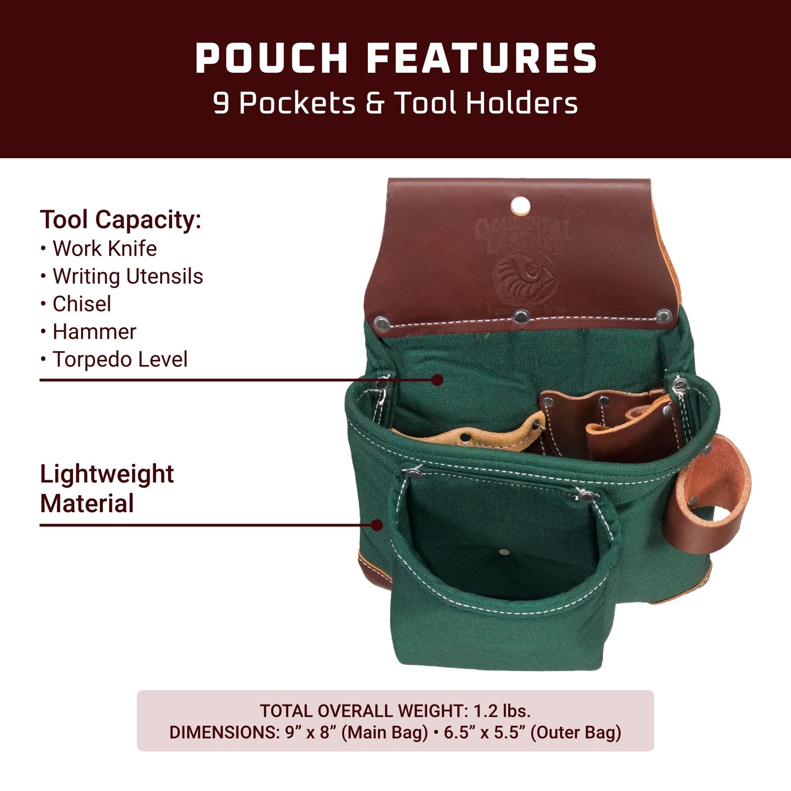 Occidental Leather OxyLights 2 Pouch Tool Bag – 9 Pockets & Green