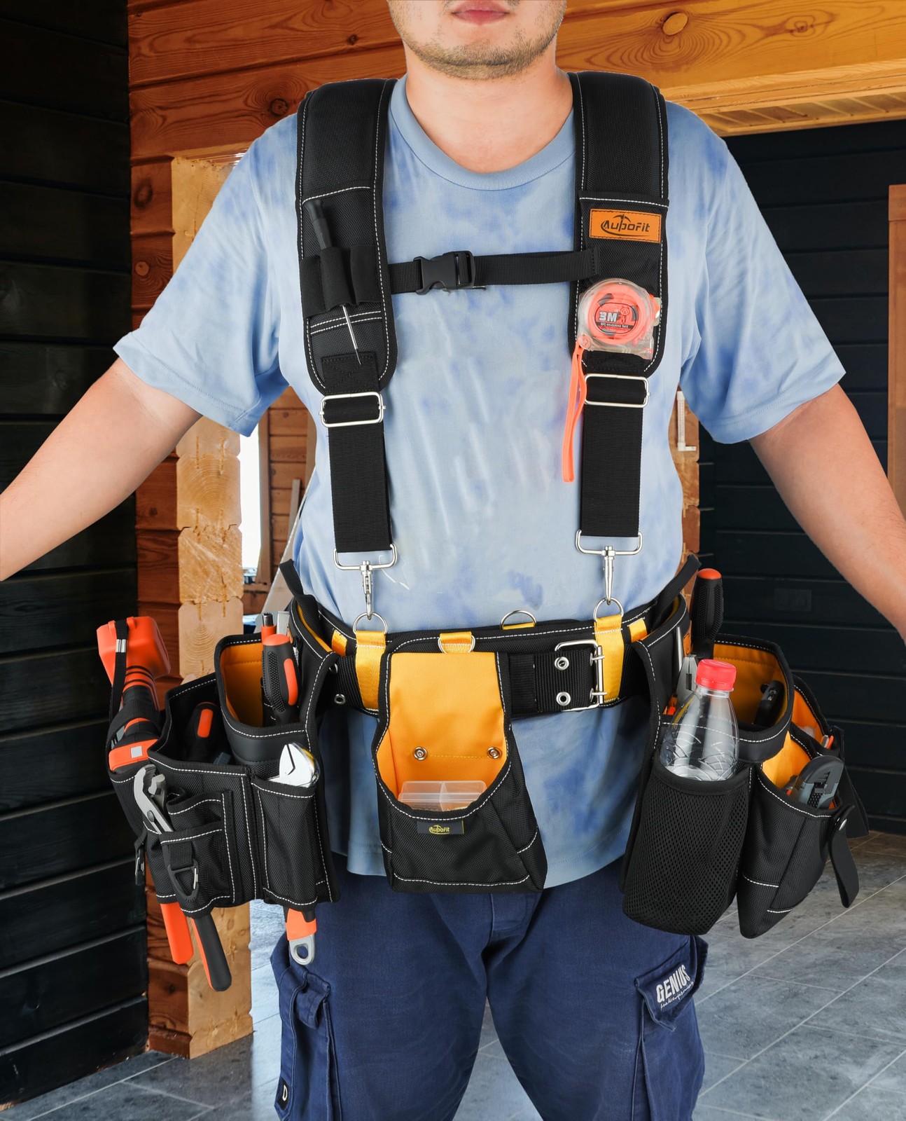 Aupofit 7-Piece Professional Tool Belt Waist Size 36″-49″, Black and Yellow