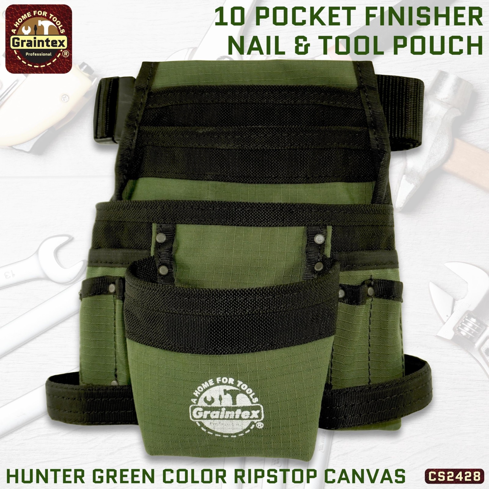 Graintex 10 Pocket Finisher Canvas Tool Pouch Hunter Green 2 Webbing Belt