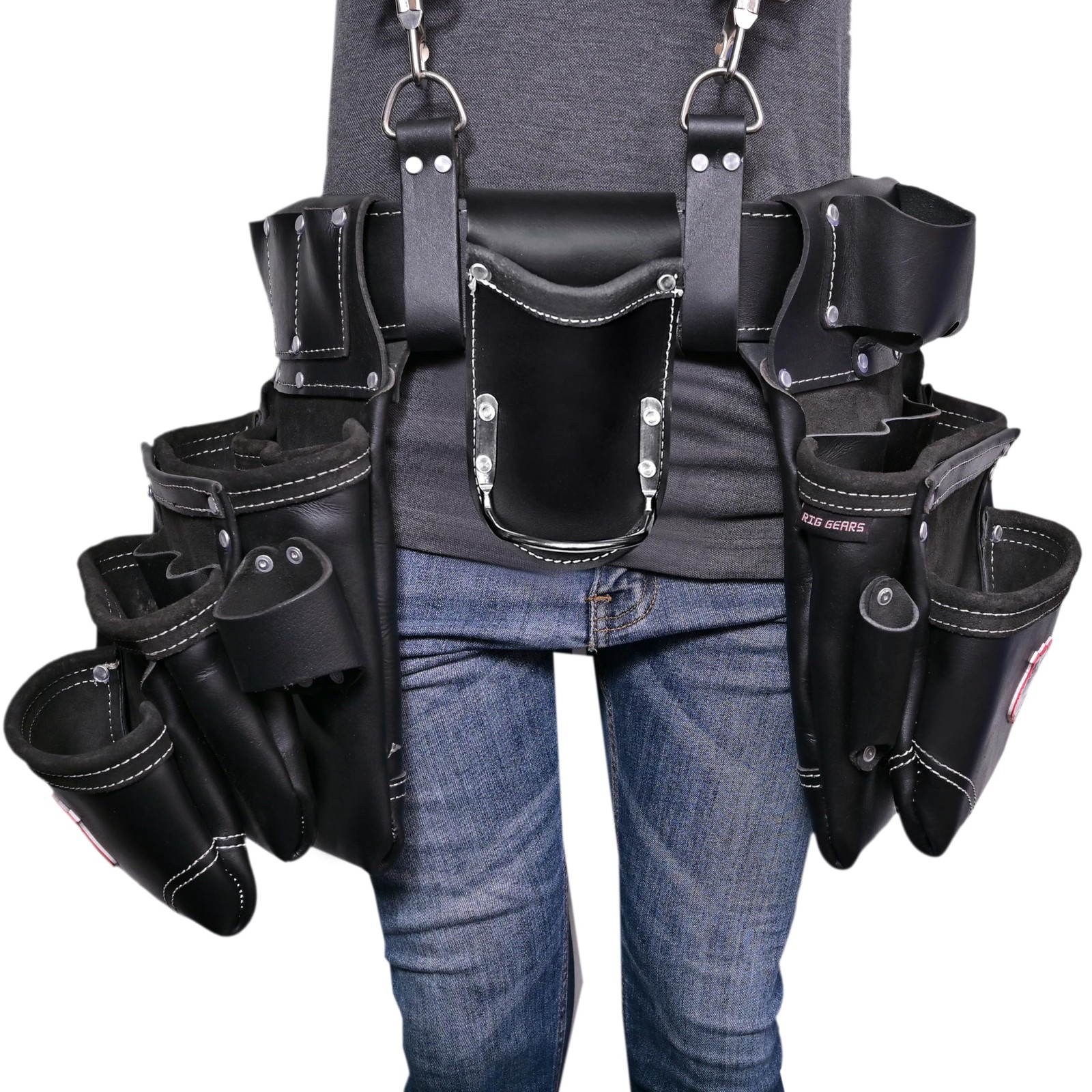 Leather Tool Belt with Detachable D-Loop, Padded Suspenders for Tradesmen