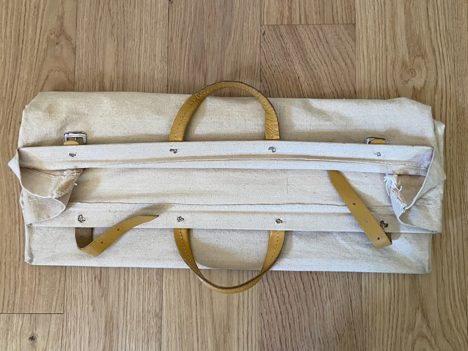 Vintage Lineman Utility Tool Bag Canvas Riveted Leather Handles Solid Bottom