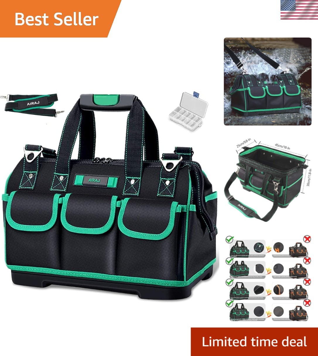 18-Inch Heavy-Duty Tool Bag with Waterproof Base – Perfect for Professionals