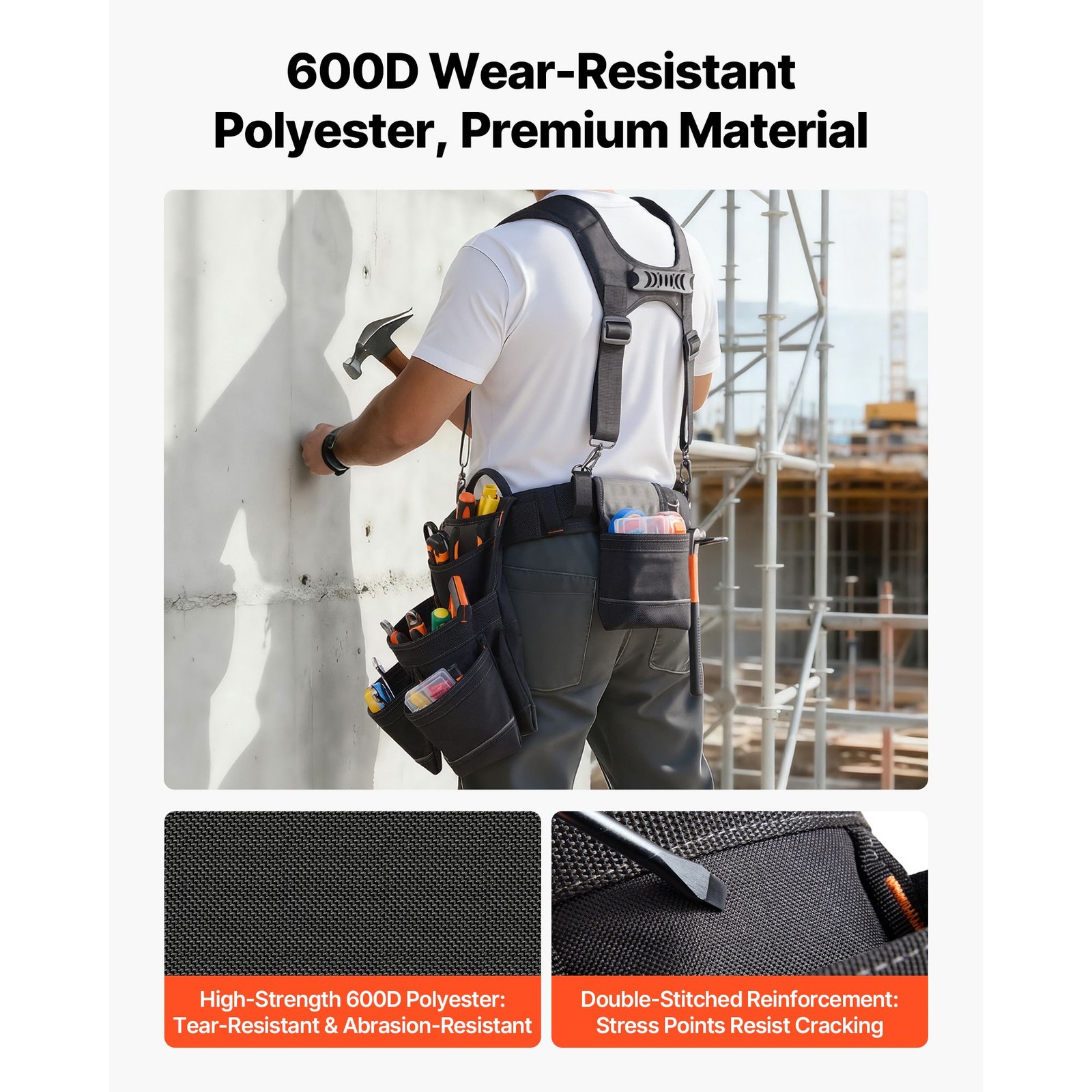 Heavy-Duty 19-Pocket Tool Belt, 600D Polyester, Adjustable