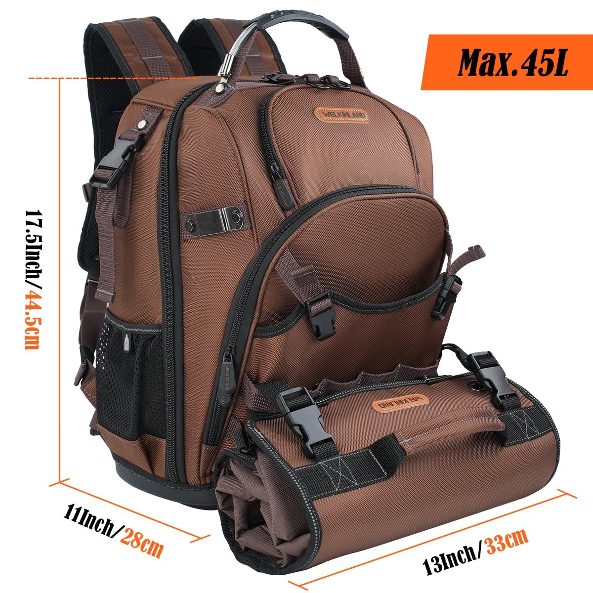 WELKINLAND 70Pockets HVAC Tool Backpack With Roll, 4-Piece Brown & Black