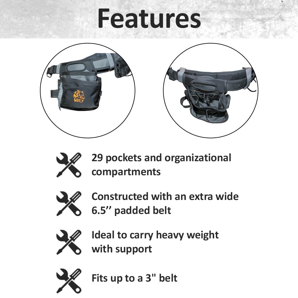 WOLF WTB300 Heavy-Duty Tool Belt with Pouch for Contractors & Electricians