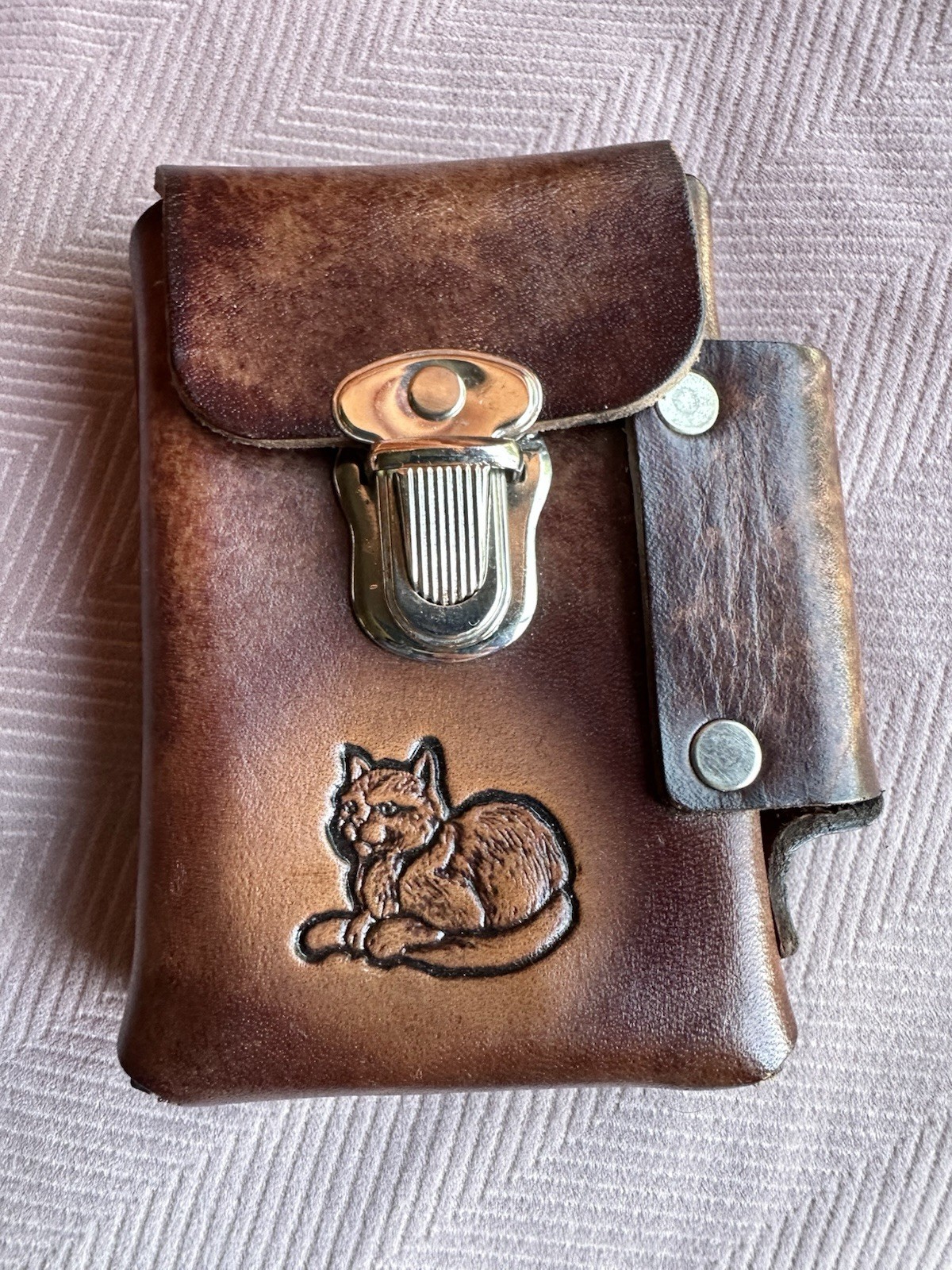 Brown Leather Pouch w/ Belt Loop, Snap Flap Closure, Embossed Cat