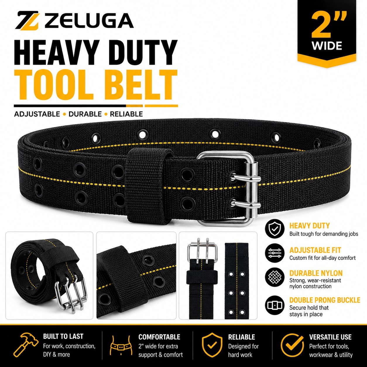 Zeluga ZL202 Heavy Duty Adjustable 2″ Nylon Tool Belt Double Prong Black New