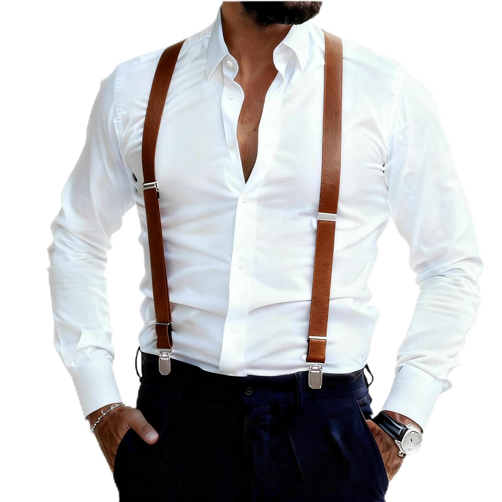 GUCHOL Suspenders for Mens and Women Elastic 1 inch Wide Large, Brown