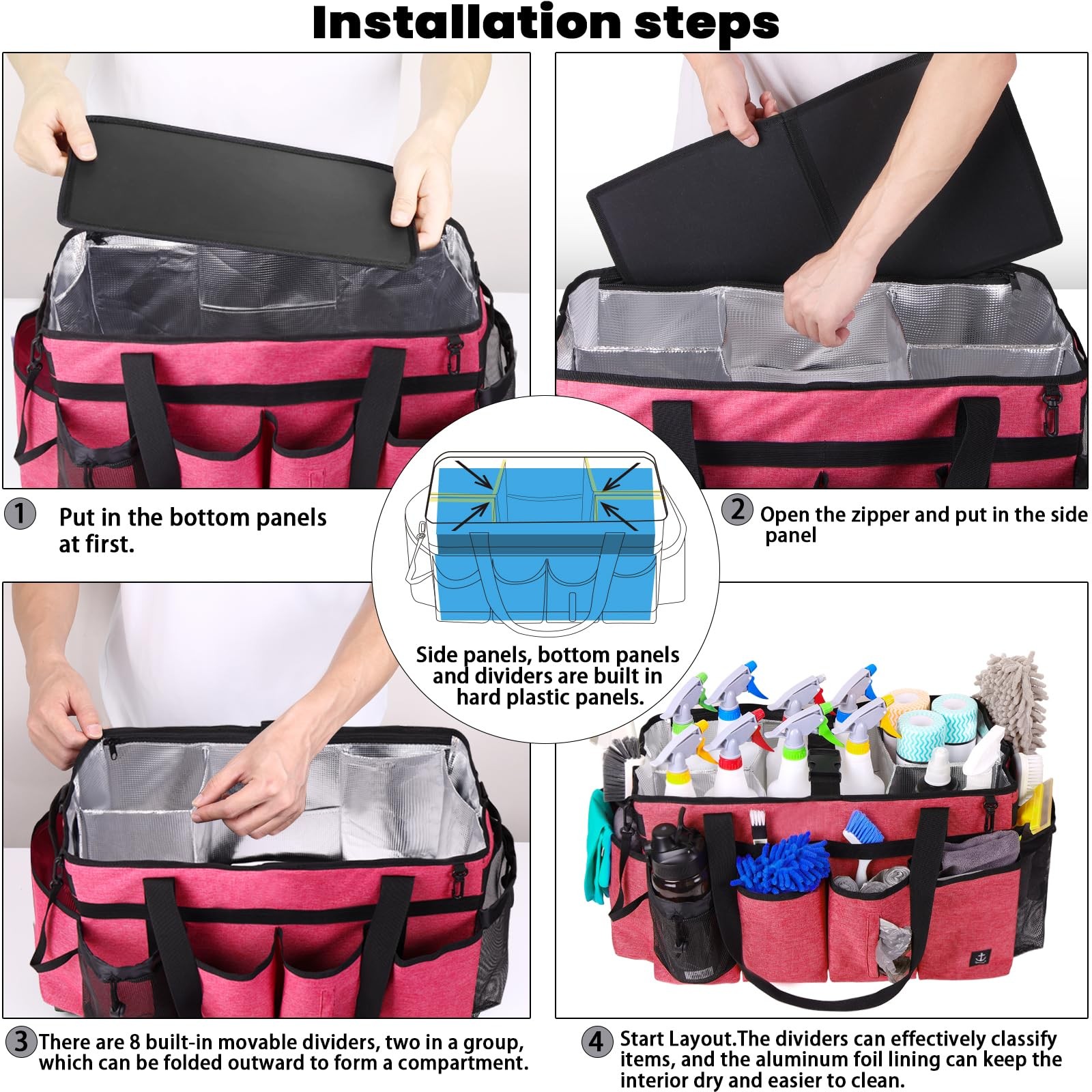 Timoxi Extra large Cleaning Caddy Bag Built-in 19” x 11” x 11”, Pink