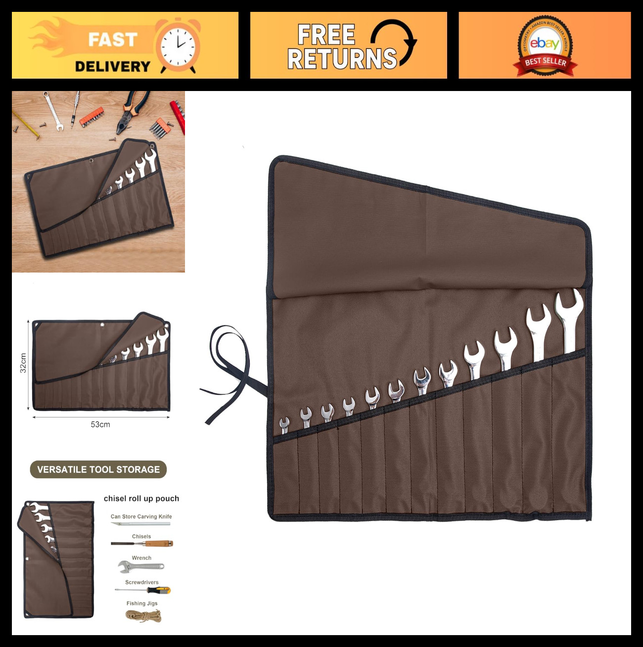 6 Pocket Waxed Canvas Tool Roll Organizer – Chisel, Wrench, Pliers & Knife Pouch