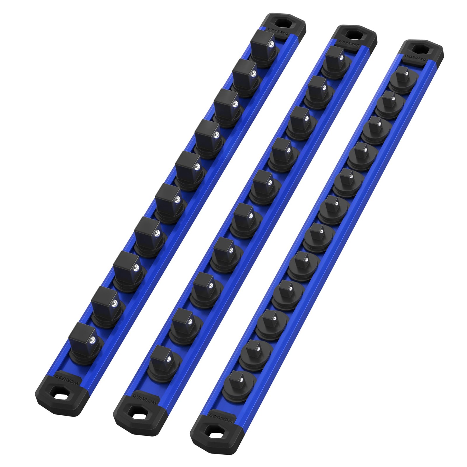 WORKPRO Magnetic Socket Organizer Set, 3 Pieces-1/4″, 3/8″, & 1/2″ DR, Blue