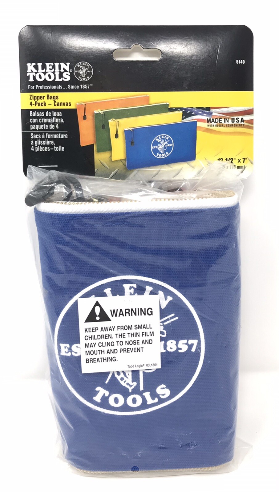 Klein Tool Zipper Canvas Tool and Parts Bags 4-Pack 12.5″ x 7″ Sealed