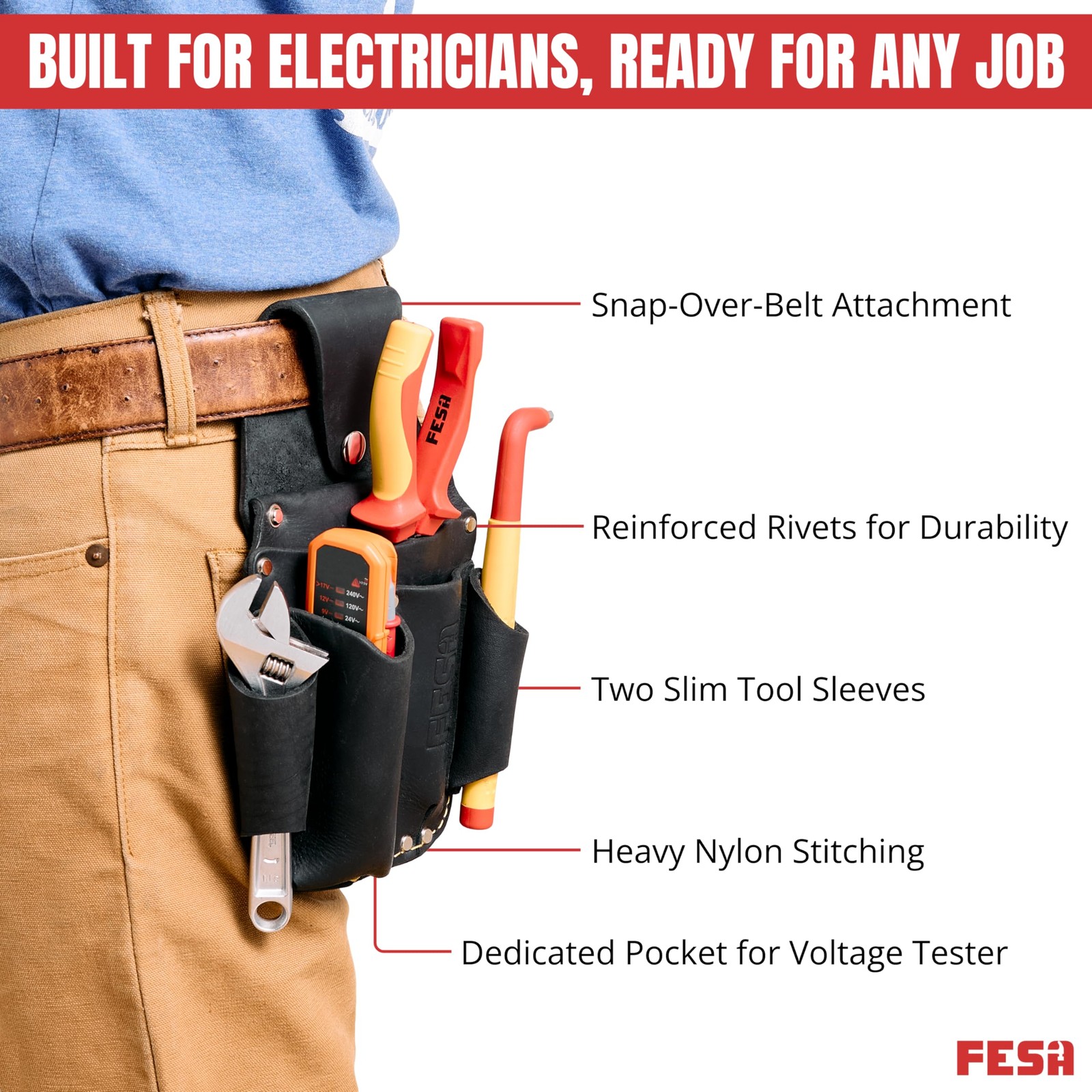 Leather Electrician Tool Pouch Pocket Caddy Clip On Voltage Meter Fits 3 Inch