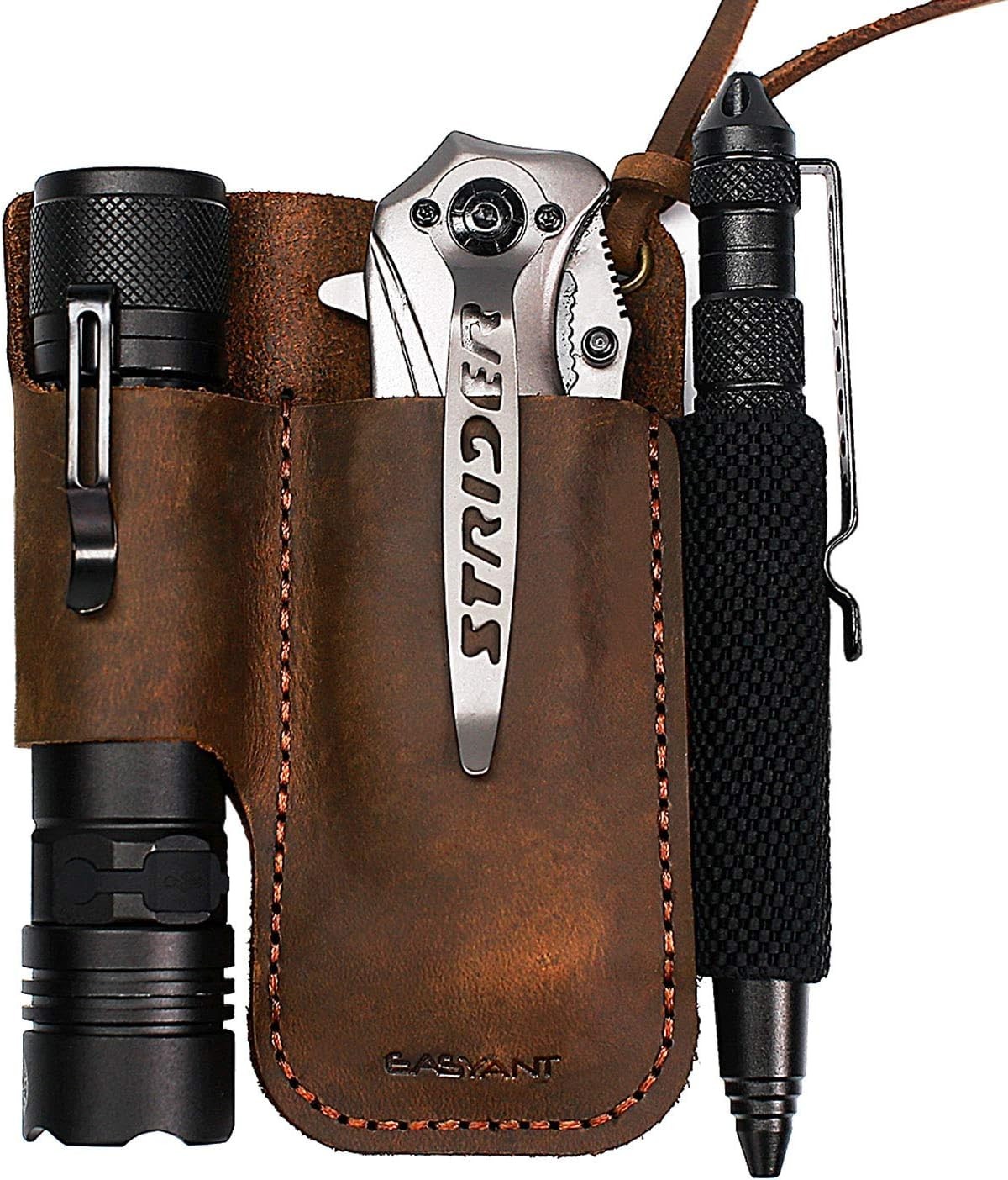 Men Leather EDC Organizer Sheath Handmade Tactical Tool Pouch with Belt Clip