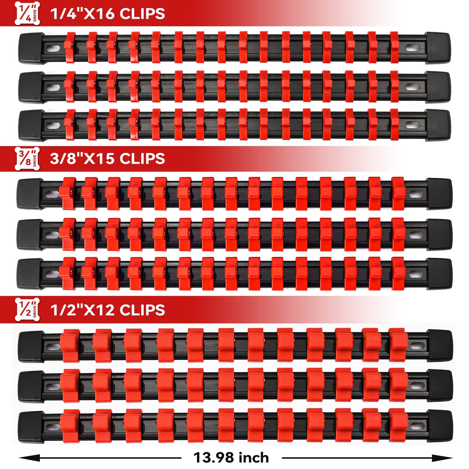 ALOANES 9PC ABS Socket Organizer, 9PC, 1/2, 3/8 & 1/4-inch Drive, Red