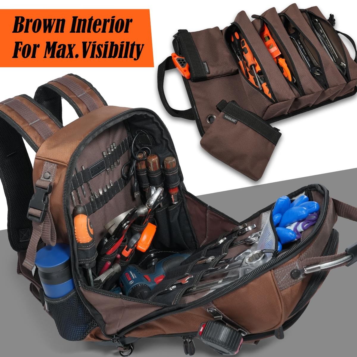 WELKINLAND 70Pockets HVAC Tool Backpack With Roll, 4-Piece Brown & Black