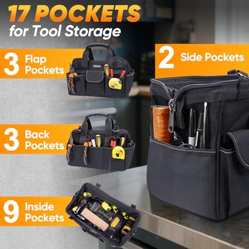 Heavy Duty Tool Bag with Multi-Pockets, Portable Tool 14″ Standard Base Black