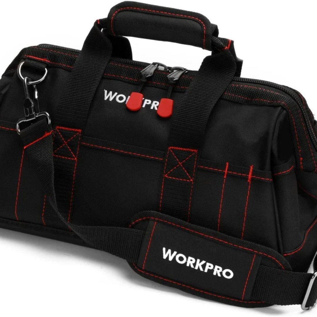 WORKPRO 16″/14″/12″ Wide Mouth Tool Bag Black Tool Storage Tote with Rubber Base