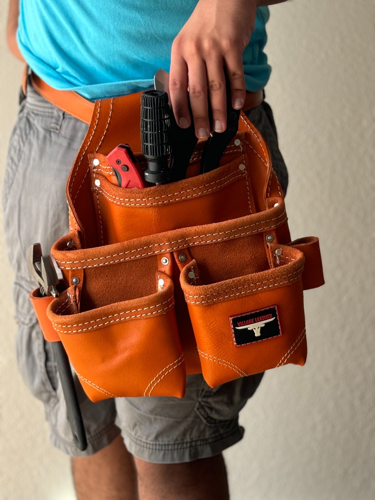 Oil Tanned Leather Pouch With Extra Big Pockets For Nails And Tools