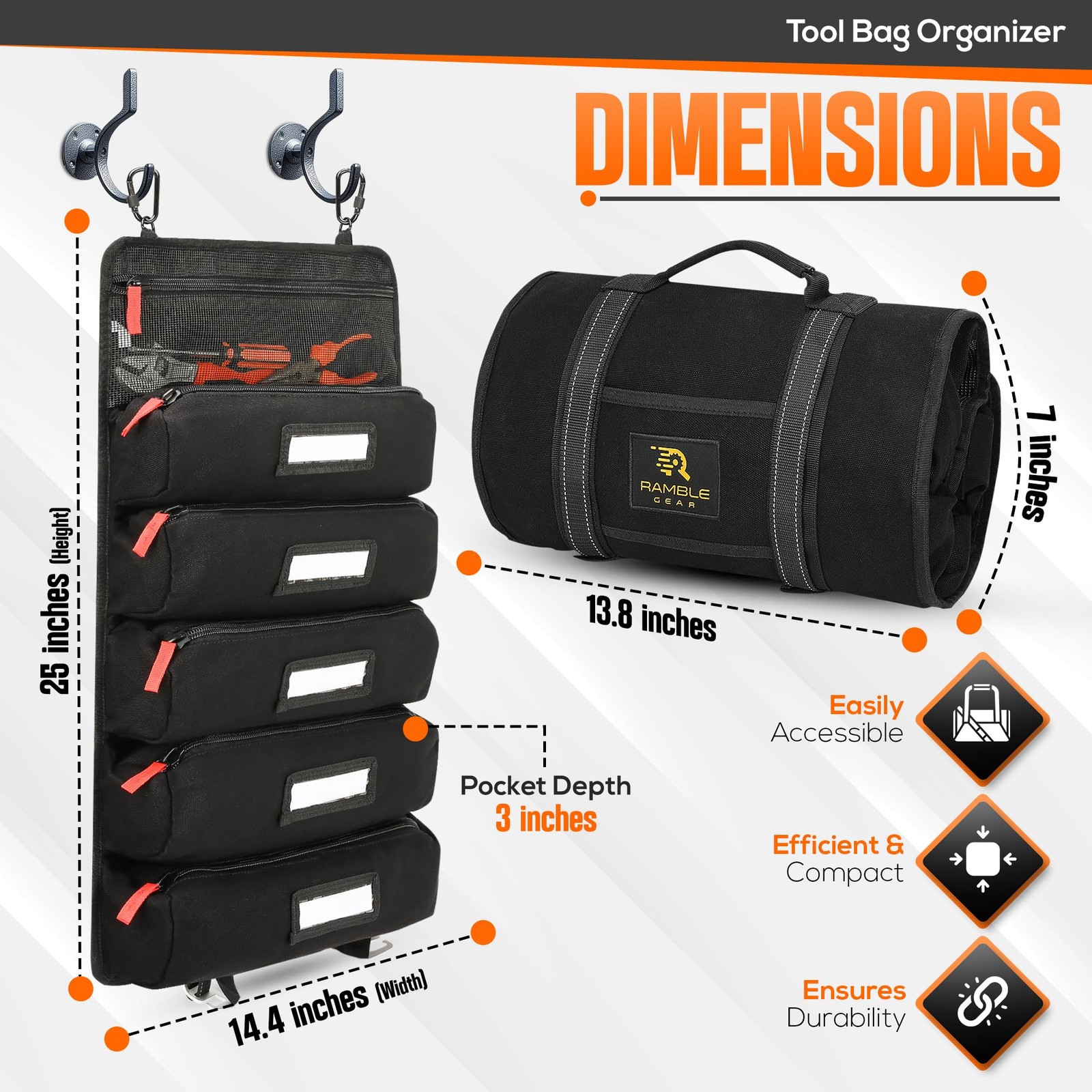 Roll up tool bag with Carabiners – 5 Large Oversized 10″ x 2″ x 20″, Black