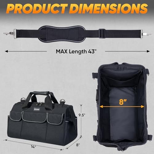 Heavy Duty Tool Bag with Multi-Pockets, Portable Tool 14″ Standard Base Black