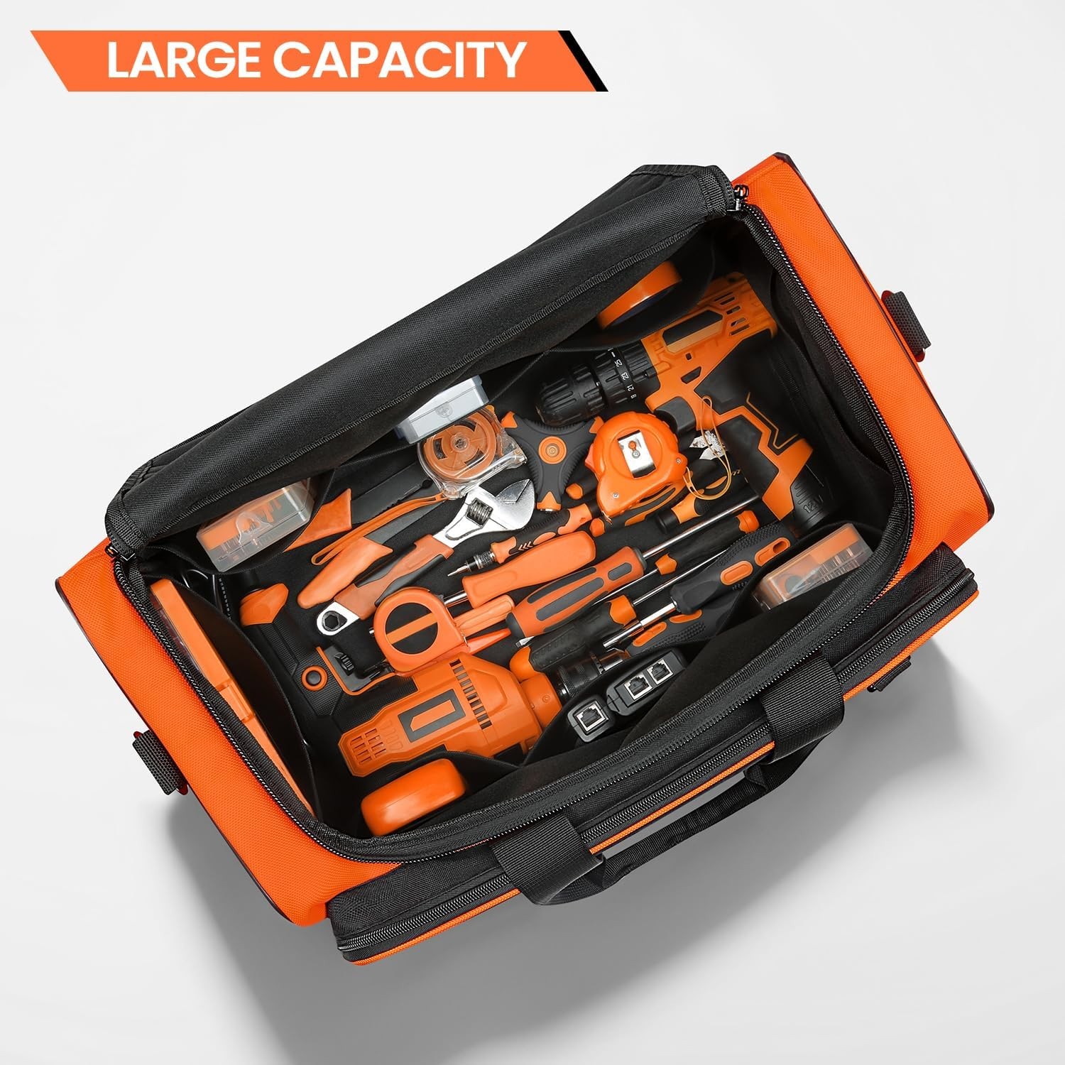 Tool Bag W/ 2 Pockets 19.7x 11.8x 10.6 inch Heavy Duty 600D Fabric Black Toolbag