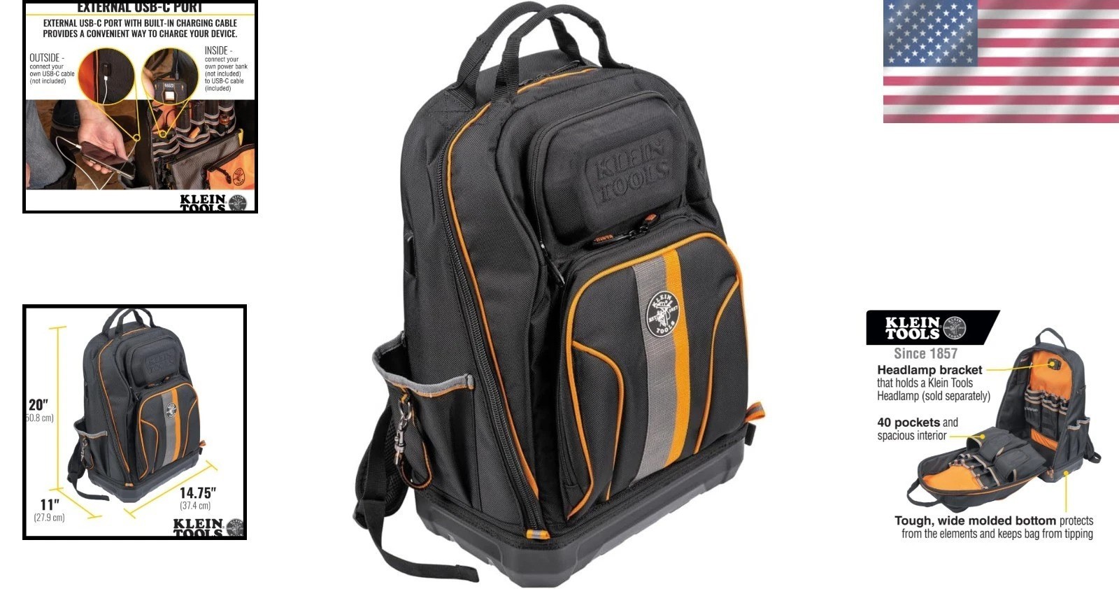XL Tradesman Pro Tool Backpack, 40 Pockets, Molded Bottom, Jobsite Ready, USB-C