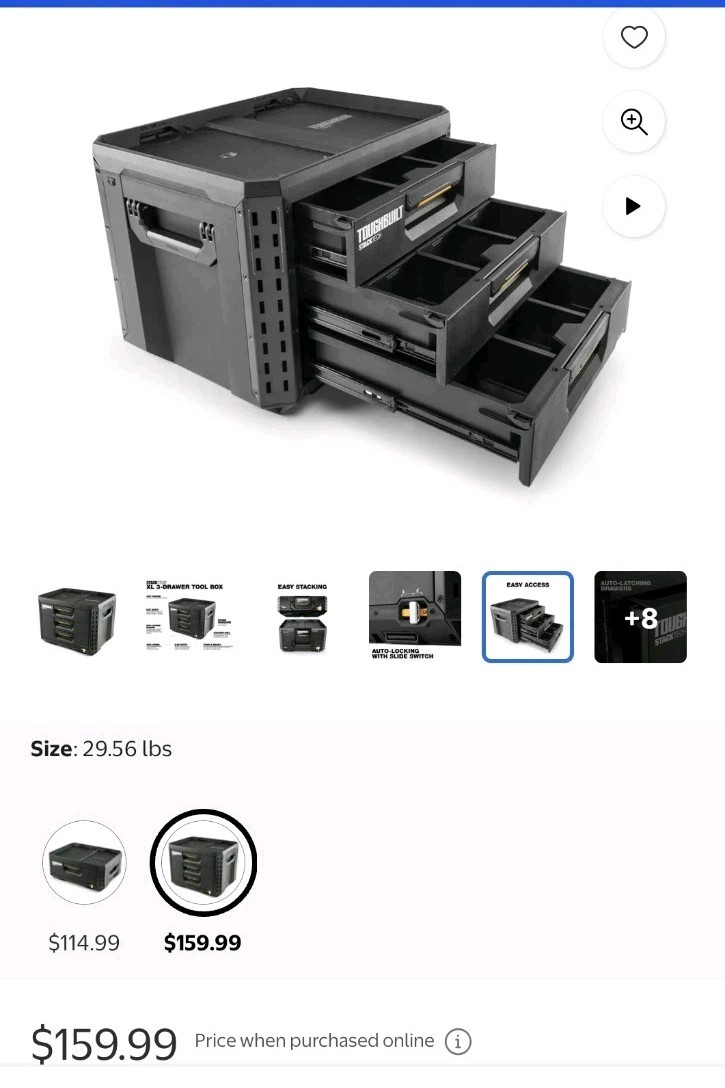 ToughBuilt StackTech 3-Drawer Tool Box, Durable Plastic Storage Organizer, Black