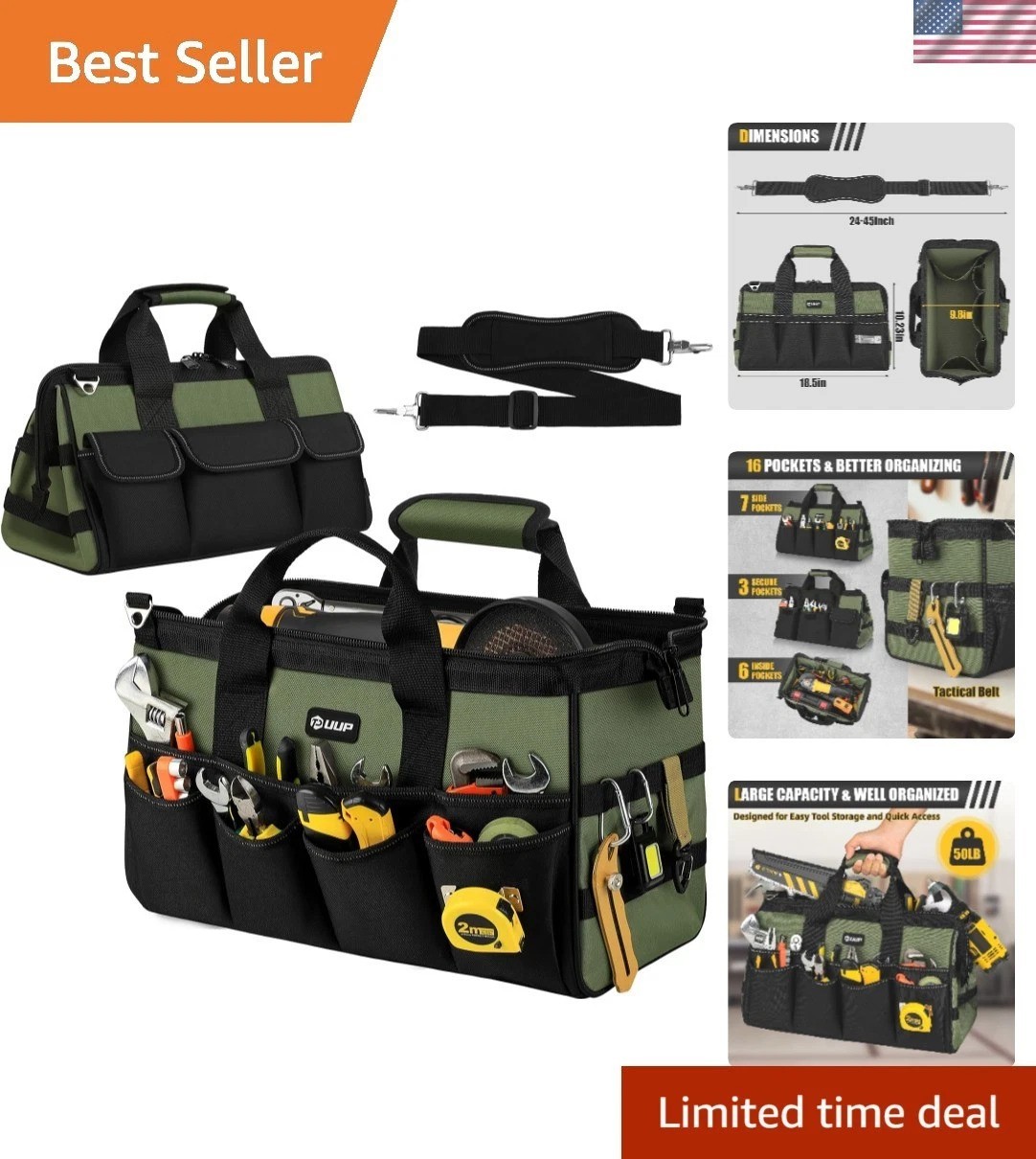 18-Inch Heavy-Duty Tool Bag Organizer with 16 Pockets & Water-Resistant Nylon