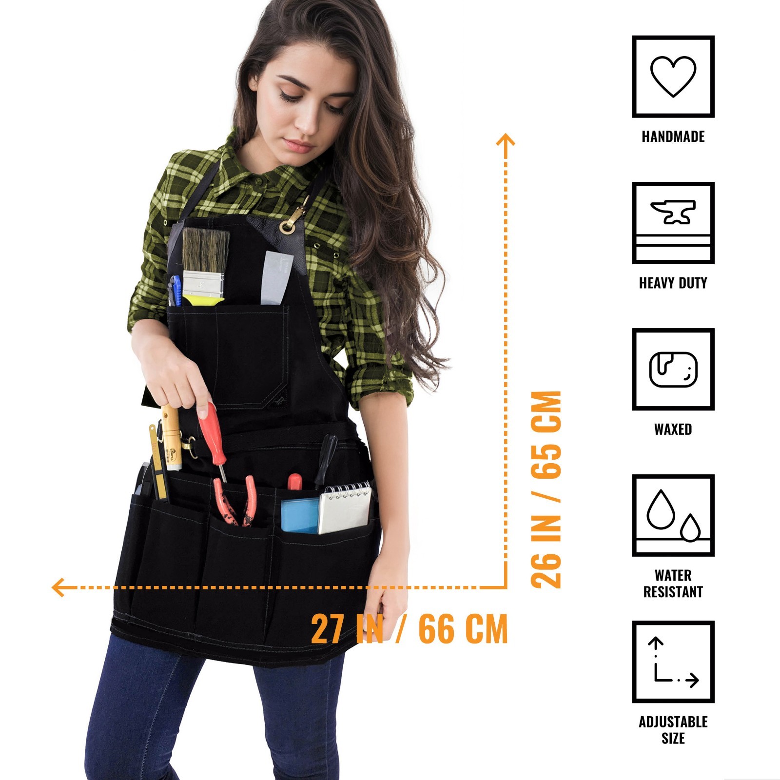 Tool Apron – 12 Pockets, Heavy-Duty Waxed Canvas, Leather Trim, NoTie – Woodwork