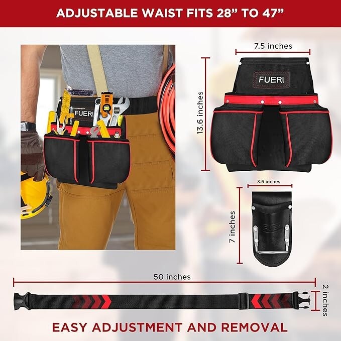 FUERI Cordura Tool Belt for Carpenters Heavy Duty Adjustable Tool Pouch Bag