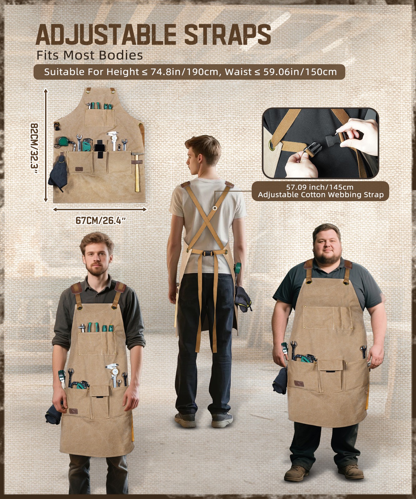 Canvas Cross Back Woodworking Tool Apron Heavy Duty Adjustable Work Apron Unisex
