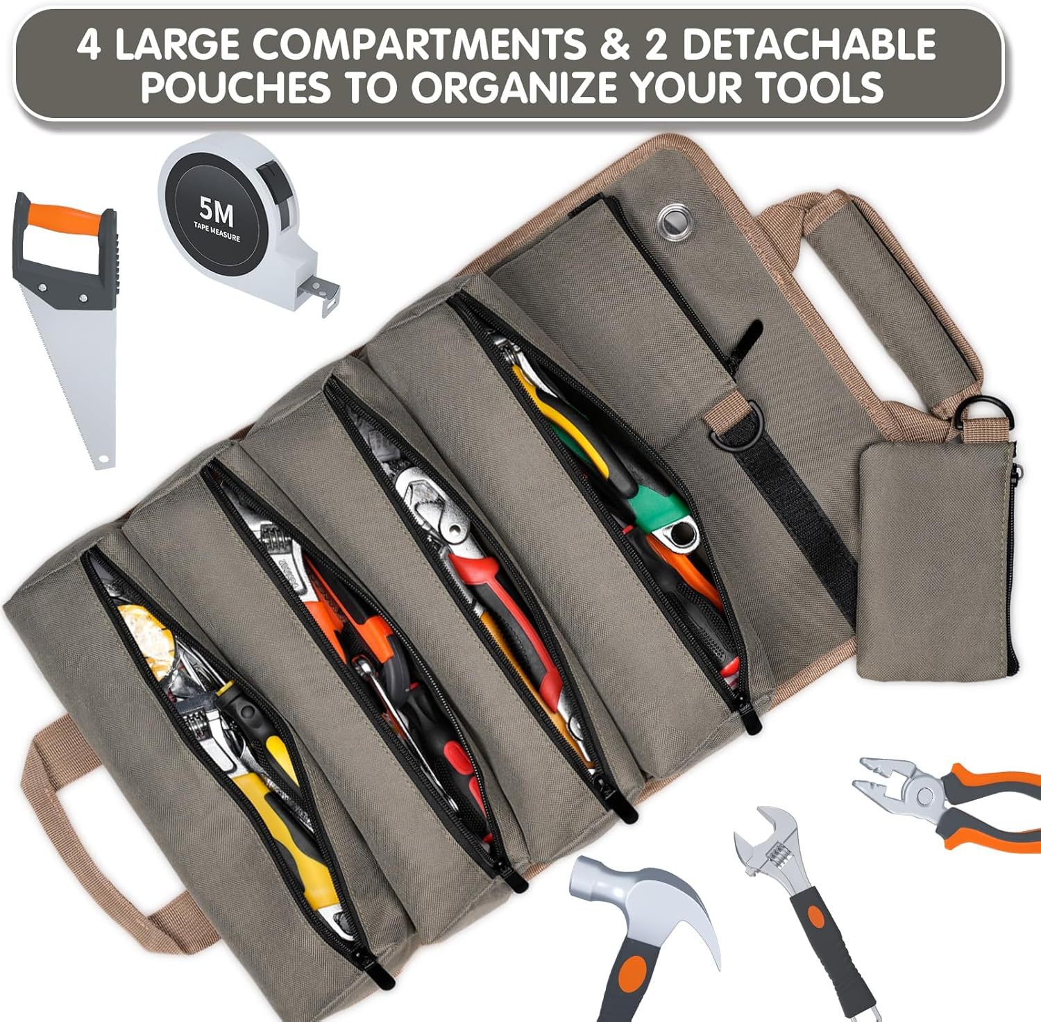 Roll Up Tool Bag Army Green Portable Tool Organizer with Detachable Pouches